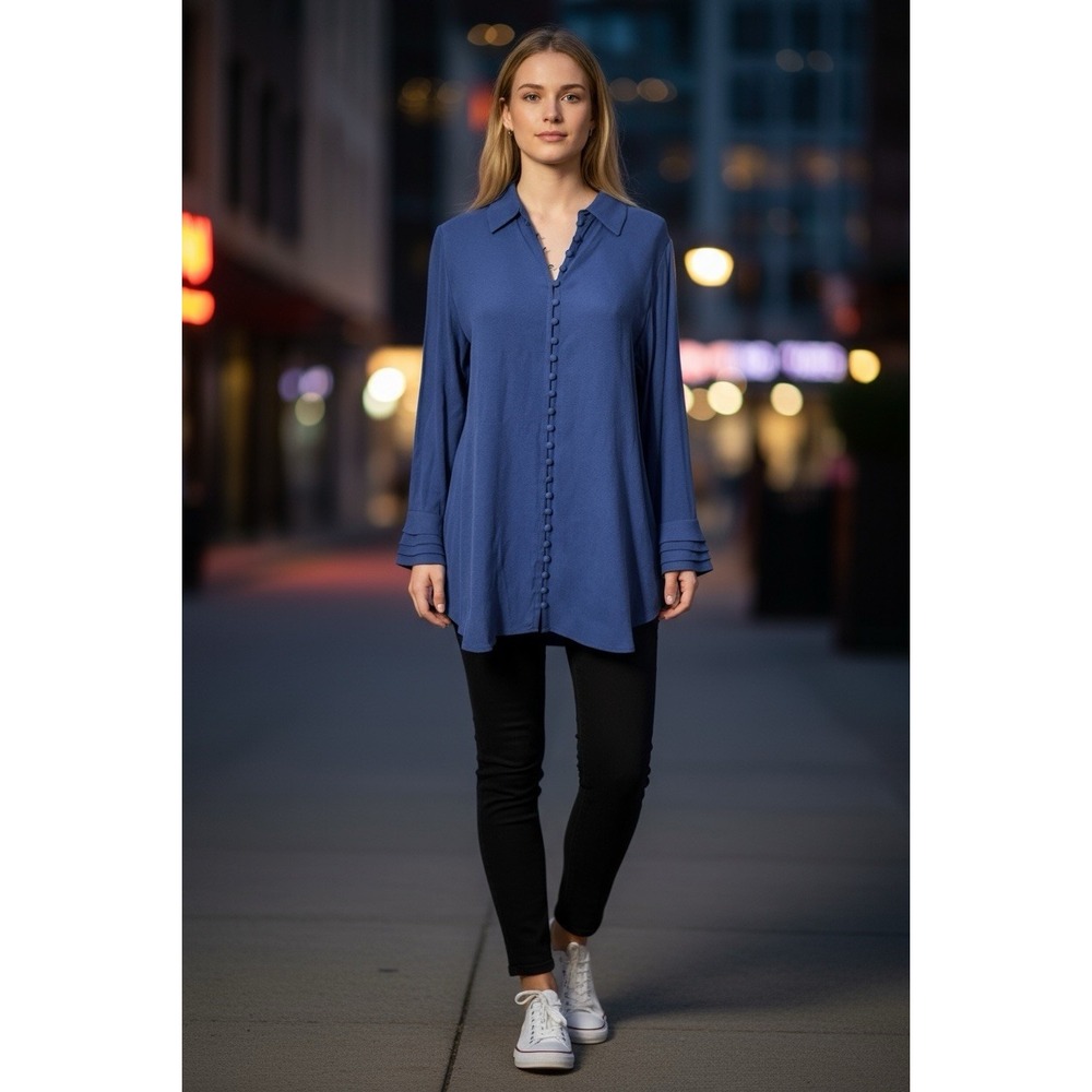 Soft Surroundings Sonnet Poet's Top Ruffle Cuff Dark Blue Crepe Shirt Sz PS